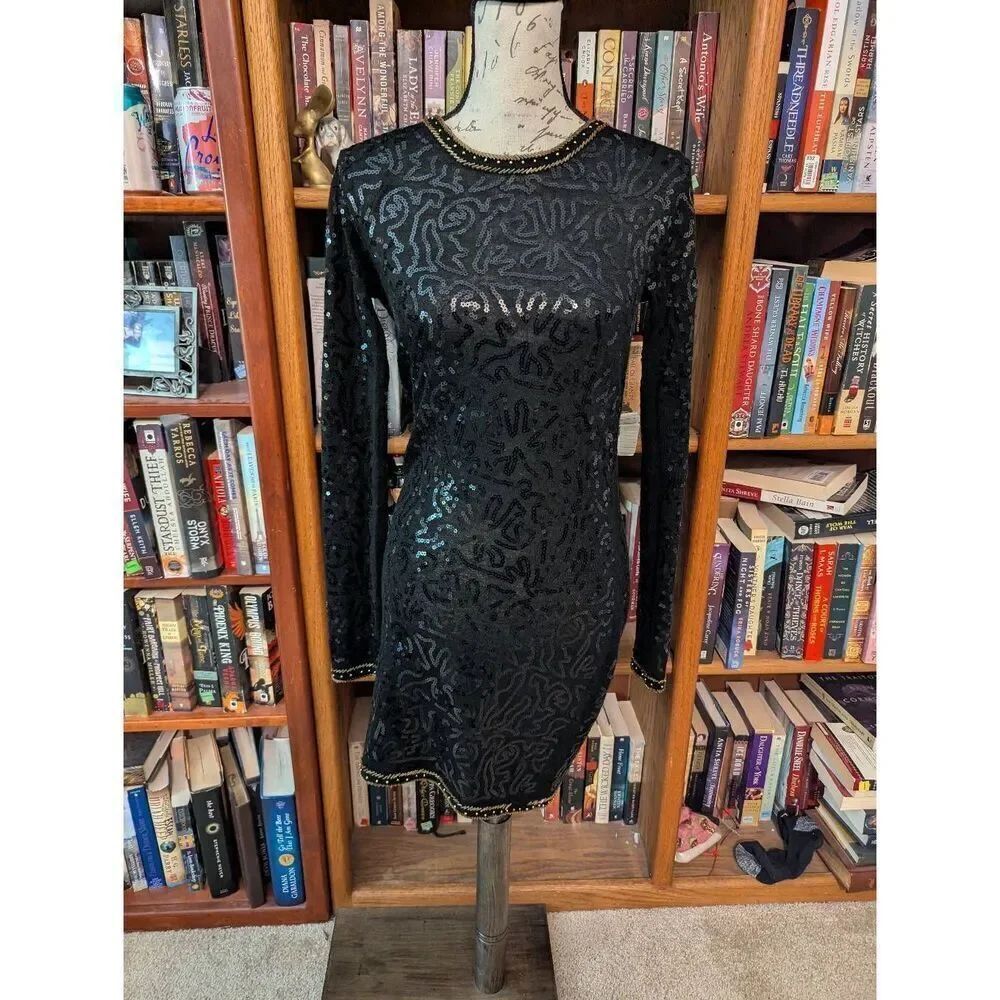 Mng wool and silk black sequin long sleeve cocktail  dress sz m euc low back